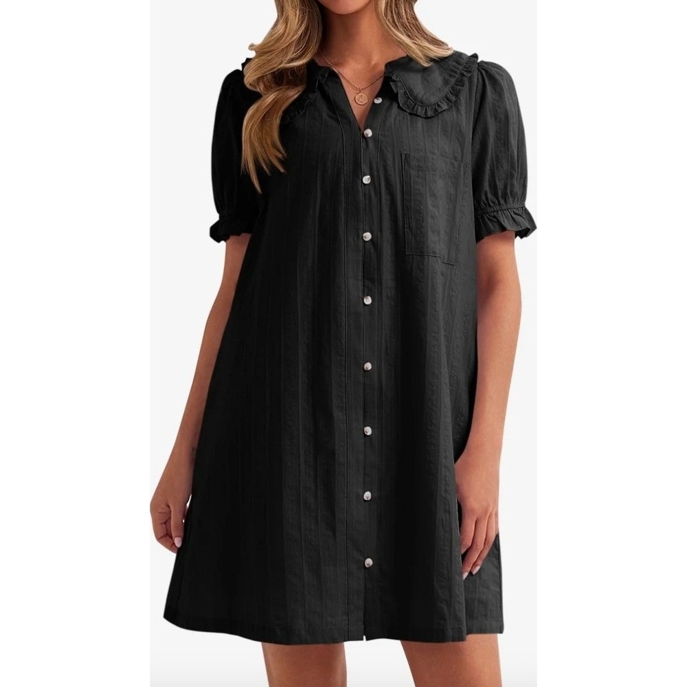 Cicy Bell Black Cotton Button Down Mini Shirt Dress Peter Pan Collar Ruffle S